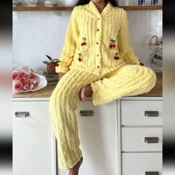 Other - Women Cute 3D Cherry Decoration Fleece Pullover & Pants Pajama Set